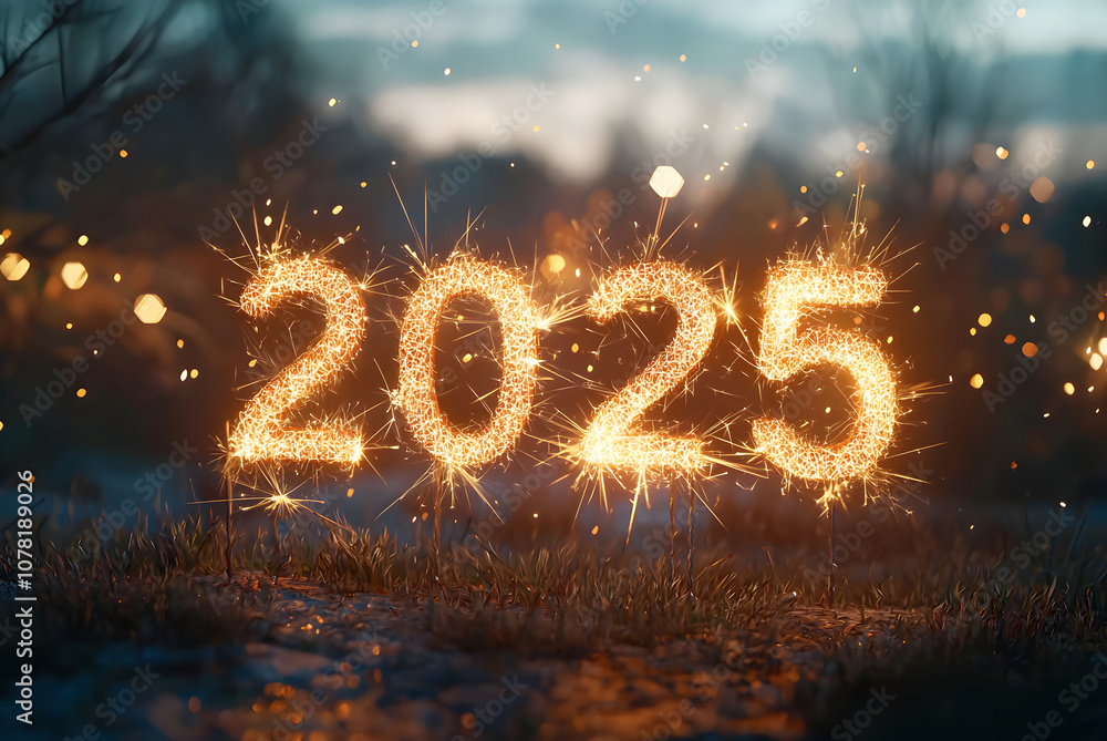 Poster sparkling numbers at the arrival of the new year 2025 at twilight. generative ai.