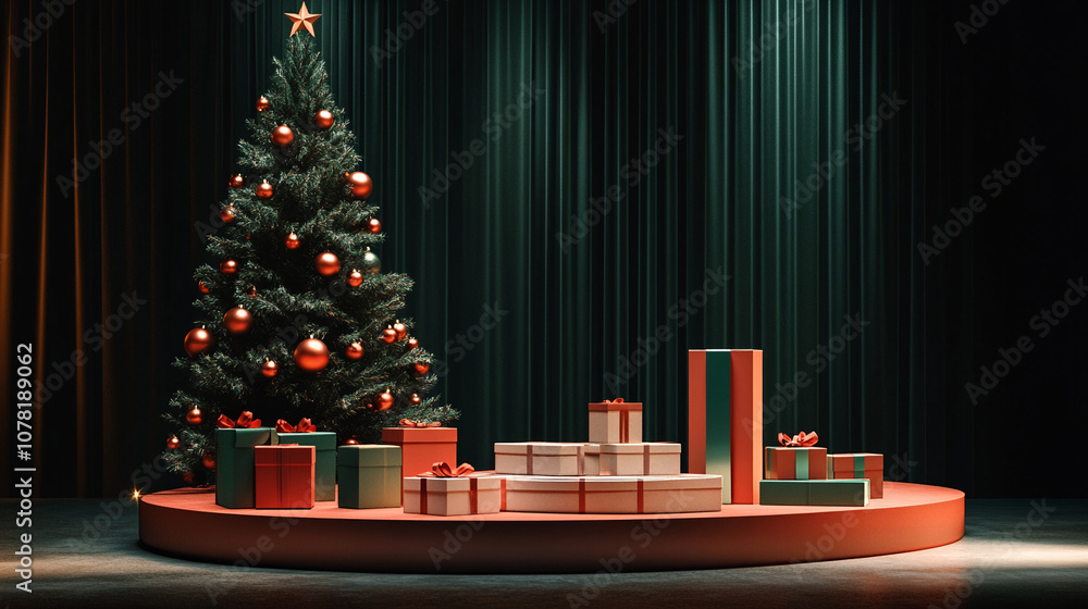 Wall mural Christmas-Themed Product Placement Scene with Podium, Gift Boxes, and a Tree