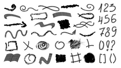 Arrows, Numbers Straight strokes,dotted rows, Scribble hand draw doodle,wavy patterns,zigzag marks with grunge textured surface.Hand drawn underline elements for design emphasis or decorative borders.