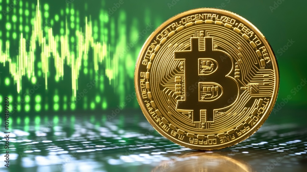 Poster golden bitcoin on digital background with graph