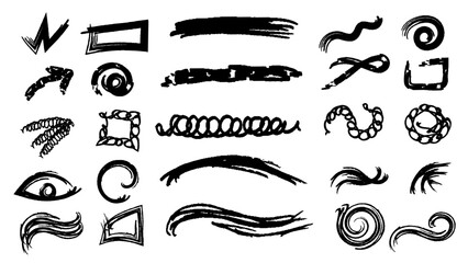 Straight strokes, dotted rows, Scribble hand draw  doodle,wavy patterns, zigzag marks with grunge textured surface. Hand drawn underline elements for design emphasis or decorative borders.