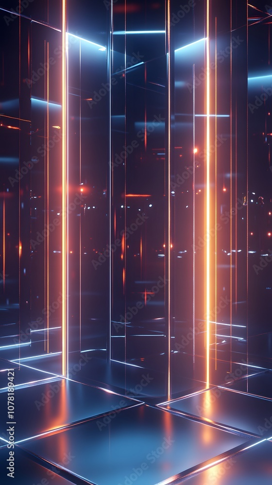 Poster 24. a high-tech 3d display with floating metallic panels, glowing lines, and ample vertical space fo
