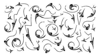 Scribble hand draw  doodle, ink, collection. Highlight hand drawn arrow marker isolated  mark  lines, circle and arrow line for highlighting text.