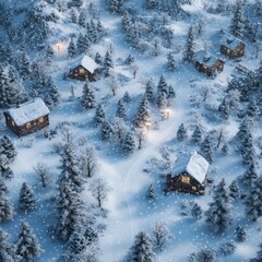 Aerial view of snow-covered battlefield with tents and rocky cliffs in winter landscape