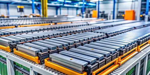 Fototapeta premium Closeup of High Capacity Lithium-Ion Battery Cells on Conveyor Line for Automotive Production in Electric Vehicles, Showcasing Manufacturing Process and Quality Control