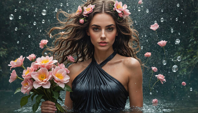 A woman with long brown hair stands in a pool of water, holding a bouquet of pink flowers