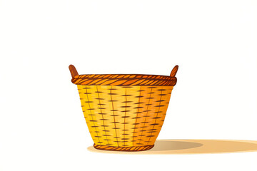 A basket is shown in a white background. The basket is empty and has a wooden handle. The basket is yellow and has a basket weave pattern