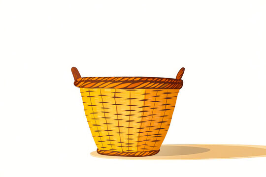 A basket is shown in a white background. The basket is empty and has a wooden handle. The basket is yellow and has a basket weave pattern