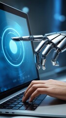 Robot hand and human hand using laptop. Human with artificial intelligence via laptop. Artificial intelligence, concept of future