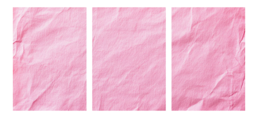Three plain cute pink papers with texture and a crumpled appearance. transparent background