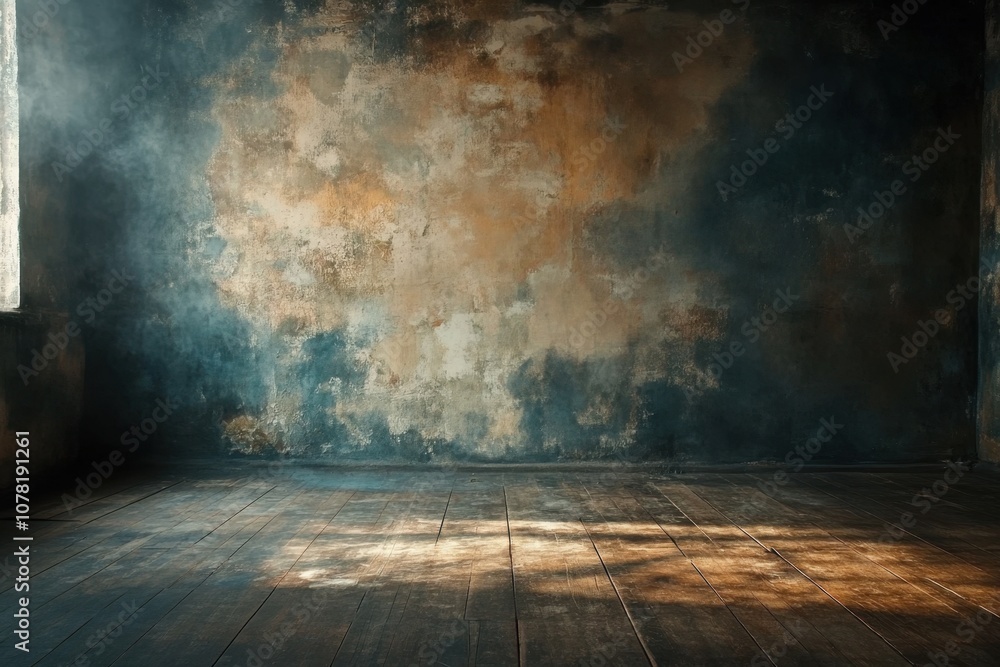 Poster empty room with rustic wooden floor and textured wall with light from a window.