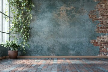 Empty room with rustic wall, wooden floor, and plant.