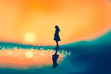 A woman stands on a beach at sunset. The sky is orange and the water is calm. The woman is alone and seems to be lost in thought