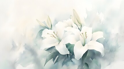 Watercolor Artistic using soft, brushy watercolor strokes, Single object picture - a delicate bouquet of white lilies symbolizing new beginnings