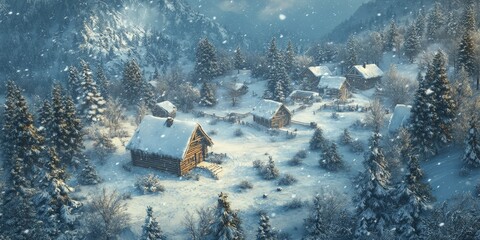 Naklejka premium Aerial view of snow-covered battlefield with tents and rocky cliffs in winter landscape