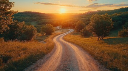 Obraz premium Winding road sunset: scenic path leading through hills toward bright horizon