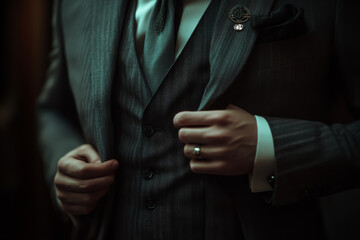 A man in a suit is adjusting his tie and jacket