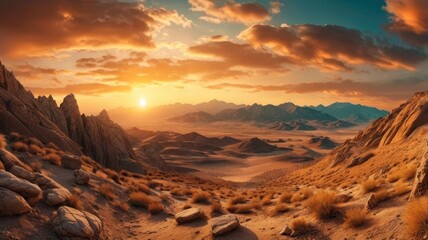 Naklejka premium Golden sunset over mountains, stone desert with rocky ridge. landscape with mountain cloudy and sky