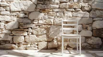White Chair Against Rustic Stone Wall Summer Sunlight Outdoor Seating