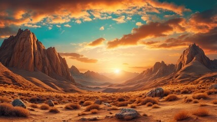 Naklejka premium Golden sunset over mountains, stone desert with rocky ridge. landscape with mountain cloudy and sky