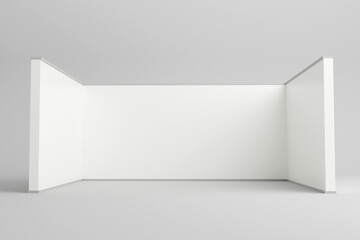 Minimalist white exhibition booth backdrop with side walls.