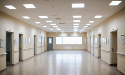 A long, empty hallway with white walls and a bright, fluorescent light