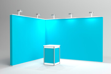 Empty blue exhibition booth with counter and spotlights.