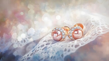 Naklejka premium Watercolor Artistic using soft, brushy watercolor strokes, Single object picture - a pair of glittering earrings resting on a lace cloth, symbolizing elegance