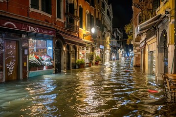 Venice Streets Submerged in Water at Night, Showcasing the Impact of Flooding on Businesses and the City's Charm