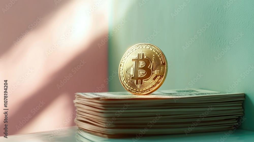 Poster bitcoin coin on stack of cash with colorful background
