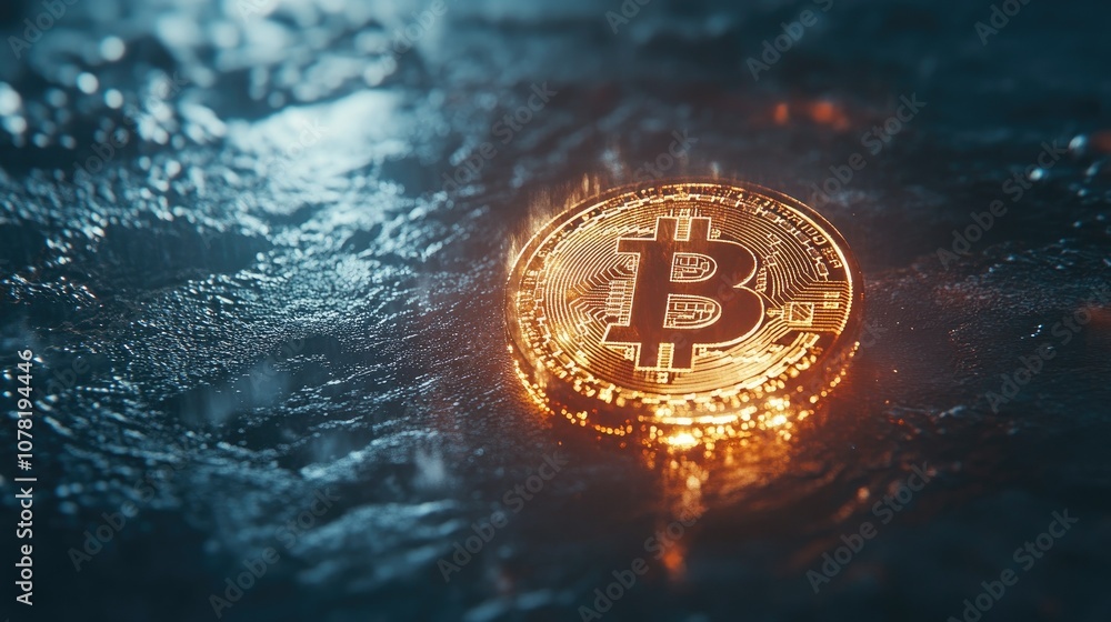 Poster bitcoin coin on a dark surface with glowing effect