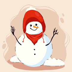 Smiling Snowman in a Cozy Red Hat and Scarf, Raising Twig Arms in Joyful Pose