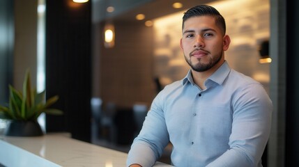 Obraz premium Confident Young Businessman Portrait Modern Office Background