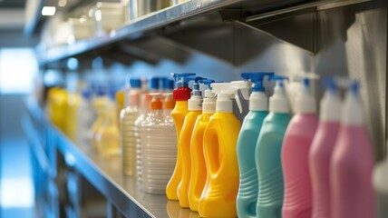 Organized cleaning supplies in a professional kitchen s sanitation station