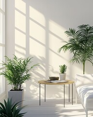 Minimalist sunlit corner with potted plants, round wooden table, and natural light shadows, ideal for modern interior design, green decor inspiration, relaxation spaces, and home staging concepts.