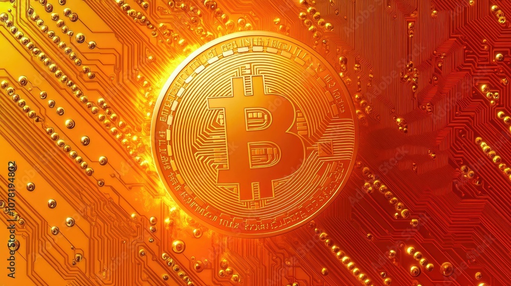 Poster bitcoin coin on circuit background