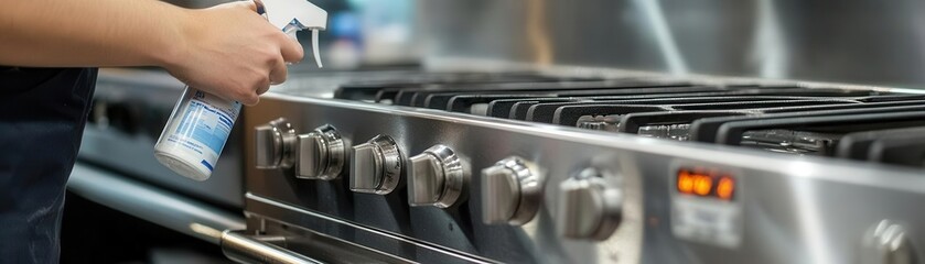 Worker disinfecting a commercial stove with a high-quality cleaning product