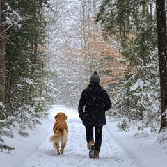 Person walking dog in snowy pine forest, serene winter landscape stock image