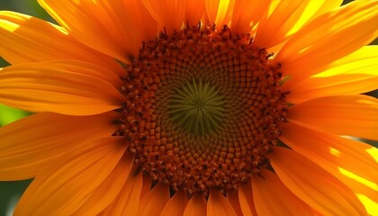 Close-up of a sunflower with vivid orange petals and a beautifully intricate green center,...