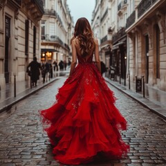 Naklejka premium Cinematic shot of woman in red dress walking through Paris streets