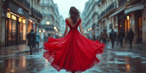 Obraz premium Cinematic shot of woman in red dress walking through Paris streets