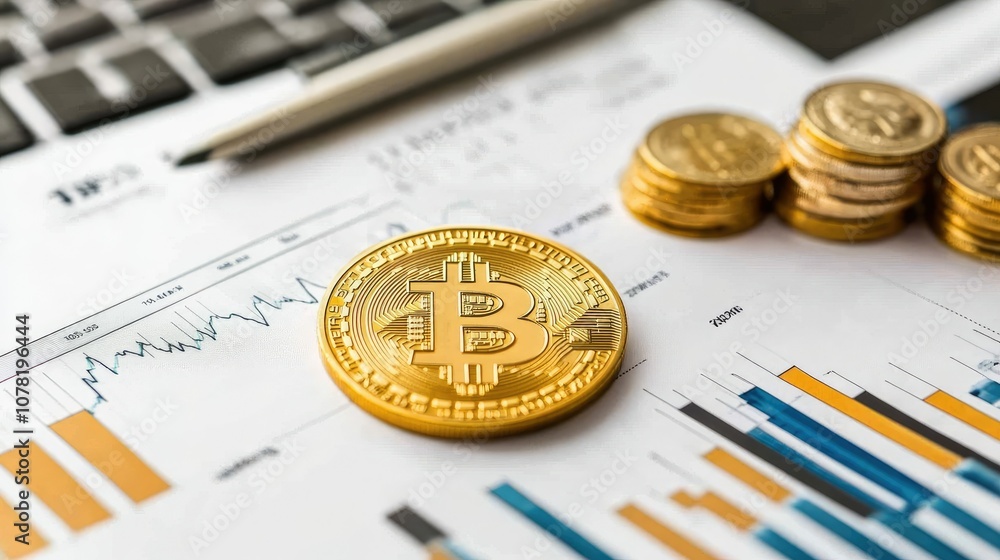 Poster bitcoin and financial data on desktop workspace