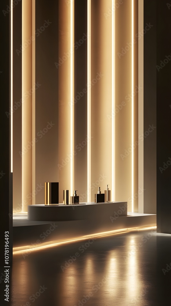 Poster 8. a luxurious 3d display with soft lighting and reflective surfaces, creating a vertical space for 