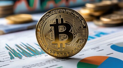 Golden Bitcoin Coin on Financial Data Background