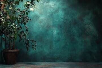 Green plant in pot against textured teal wall.