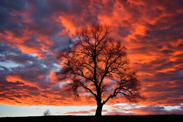 Fototapeta premium A single birch tree in silhouette set against a vivid yellow and red sky with dramatic cloud formation, Ai Generated
