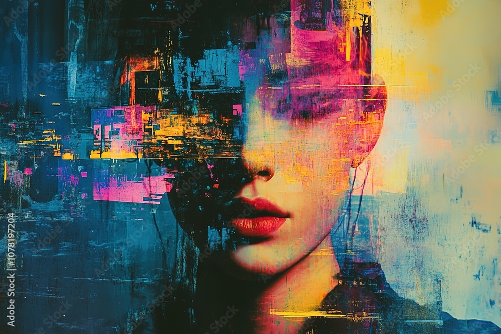 Poster vibrant glitched portrait with abstract elements and textures.