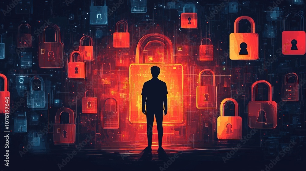 Poster digital security concept with a user silhouette surrounded by various padlocks
