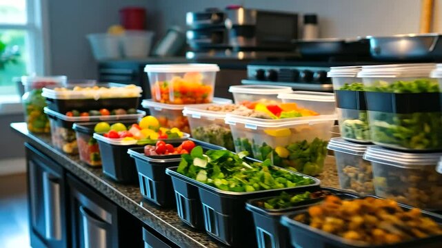 A batch cooking setup with Tupperware containers stacked neatly, each holding colorful and nutritious meals like roasted vegetables, chickpea salad, and lean turkey meatballs, symb