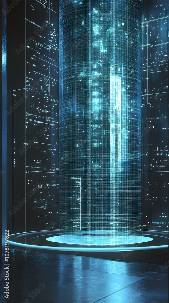 Aufkleber 9. a high-tech 3d showcase with rotating digital grids, soft lighting, and a vertical space for a pr